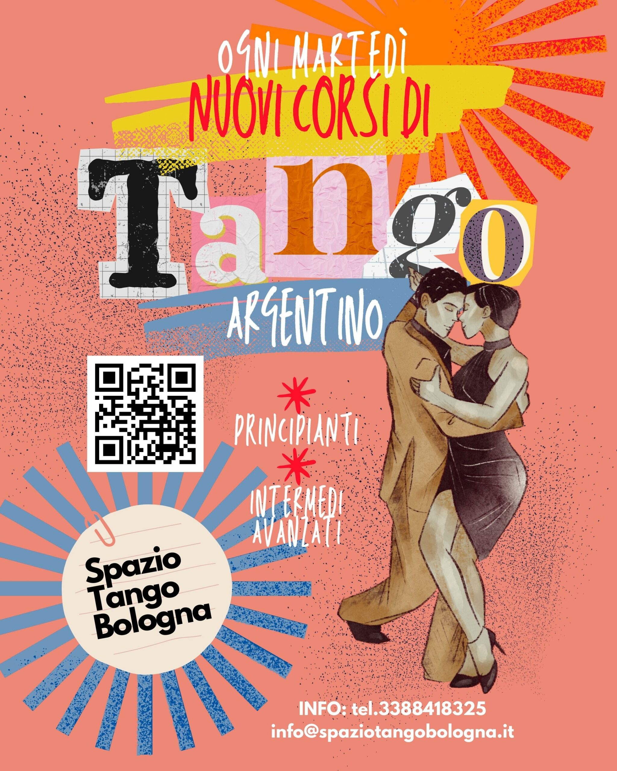 Volantino dei nuovi corsi proposti da Spazio Tango Bologna a partire da settembre 2025. Rappresentazione di una coppia uomo-donna che balla il tango. Sfondo color salmone e scritte colorate.